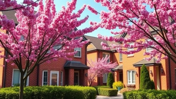 Brick modular homes and blooming tree, showcasing Cleveland modular housing trend.
