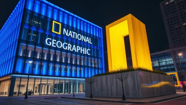 Modern exterior of National Geographic Museum of Exploration at night.