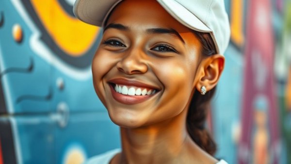Smiling person with a cap in front of colorful mural.