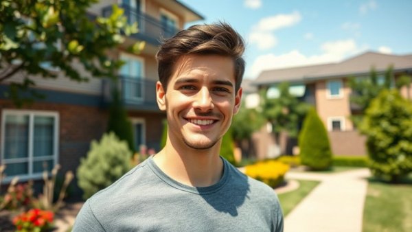 Rental property investing success shown by a confident young man in front of a building.