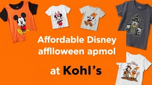 Disney Halloween apparel ad with shirts, vibrant orange background.