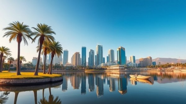 City skyline with palm trees reflecting in a calm lake, showcasing urban affordability and migration trends.