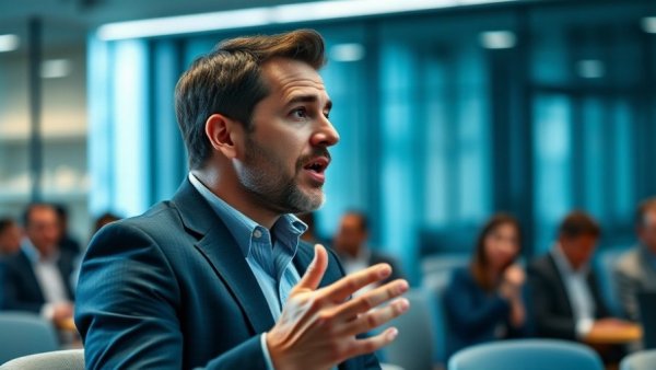 Confident man discussing financial freedom journey at a conference.
