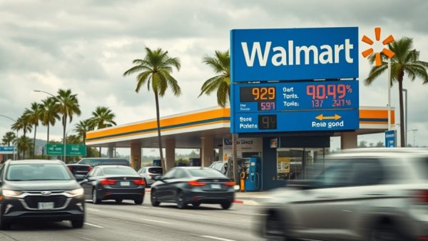 Gas station street scene showing gas prices and traffic