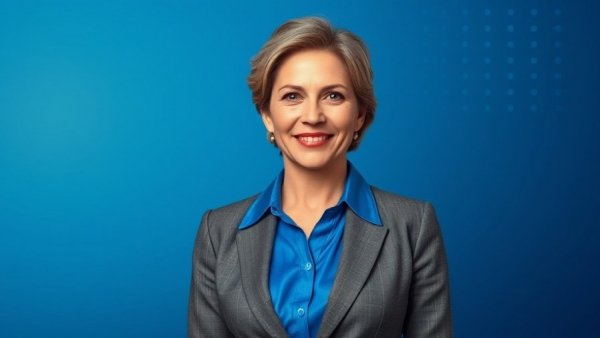 Confident woman on blue background, symbolizing connecting markets creating opportunity.