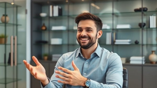 Confident man discussing AI in real estate in modern office.