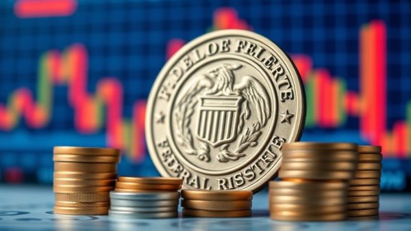Federal Reserve emblem with coins and financial graph.