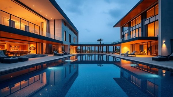 Modern mega mansion with pool under evening lights.