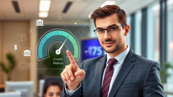VantageScore 5.0 interface with credit score gauge in office setting.