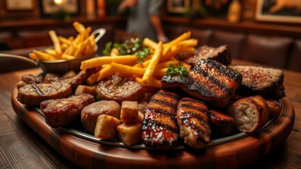 Isle of Berk dining guide featuring a hearty platter of meats and fries.