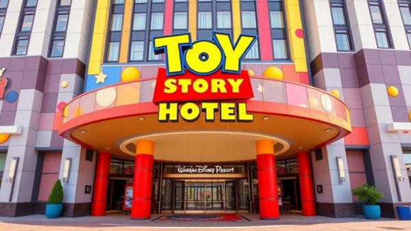 Entrance to Toy Story Hotel at Shanghai Disney Resort with vibrant signage.