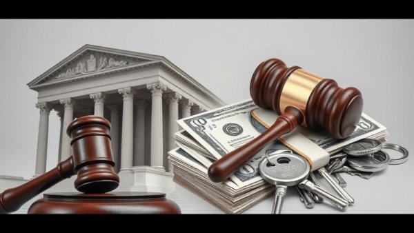 Illustration of courthouse, gavel, money, and keys related to Veterans United RESPA kickbacks.