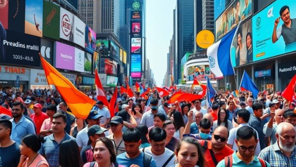 Vibrant crowd with international flags in bustling city square, Best host cities for FIFA World Cup 2026.