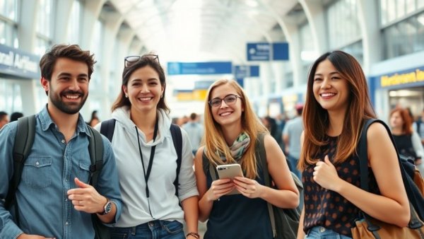 Friendly travelers engaging at a bustling airport terminal, part of Disneyland Paris experience.