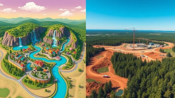 Piston Peak ride construction updates in theme park map and aerial view.