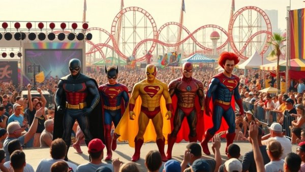 DC Heroes & Villains Fest stage with superhero characters.