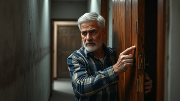 Middle-aged man unlocking door in church, symbolizing church hurt.