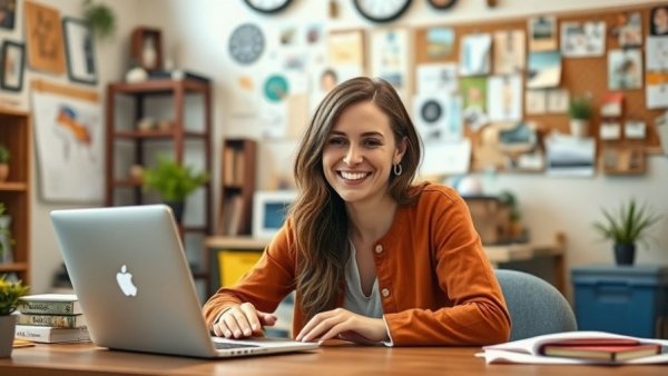 Consistency vs. Going Viral in Business: Woman working at colorful desk.