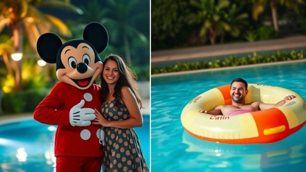 Disney Water Park at Night with visitors enjoying attractions