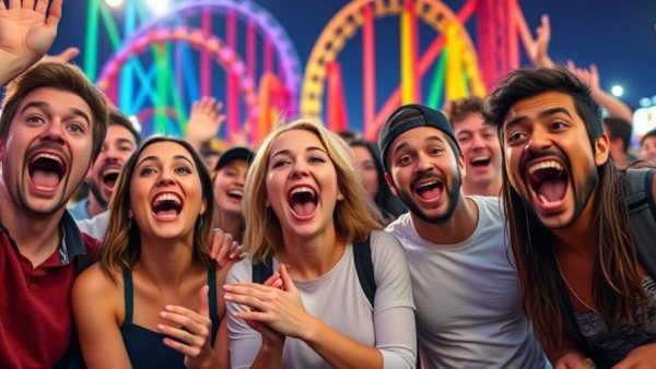Excited group at Six Flags Fright Fest 2026 reacting with surprise.
