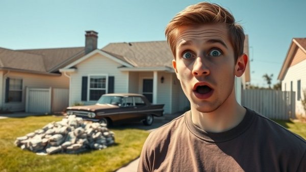 Surprised man planning on scaling to rental units with old house and money pile
