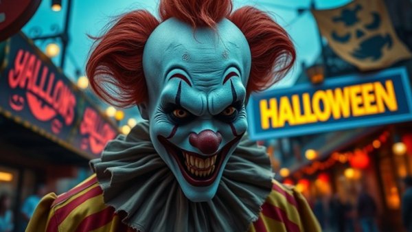Halloween Horror Nights 2026 creepy clown with sinister grin.
