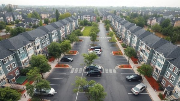 Aerial view of suburban houses and parking lot highlighting community layout.