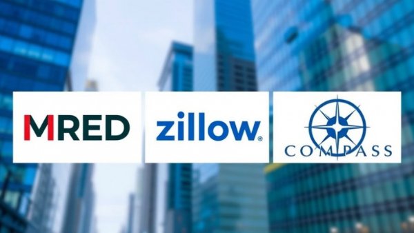 MRED, Zillow, Compass logos on cityscape background, Zillow court order dispute.