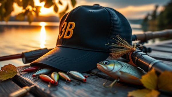 Fishing gear with right bait at sunset by lake.