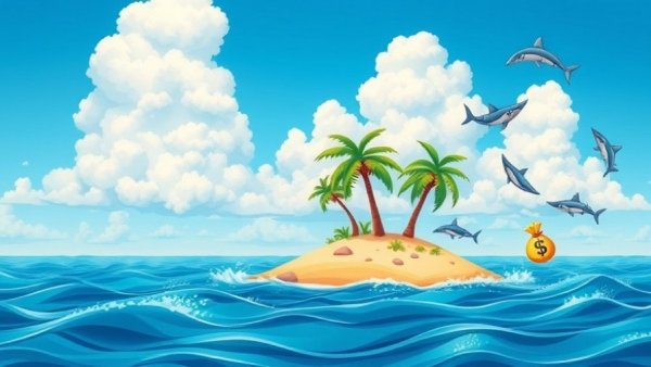Cartoon island with money bag and shark fins, strategic cooperation small states theme.