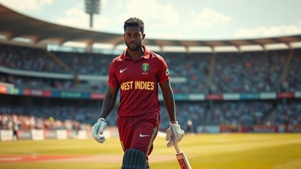 West Indies player in action on the cricket field with ICC rankings