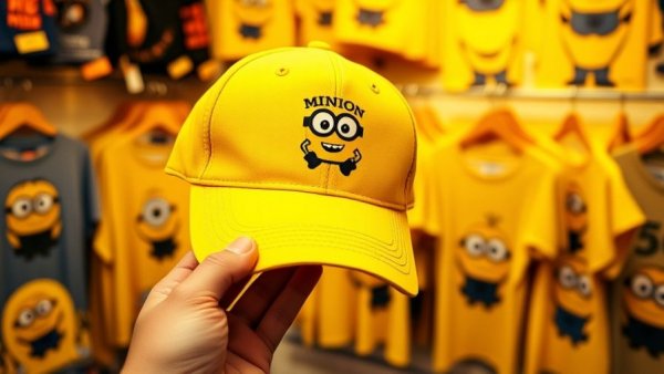 Minion-themed souvenirs in Minion Land include a yellow cap and shirt.