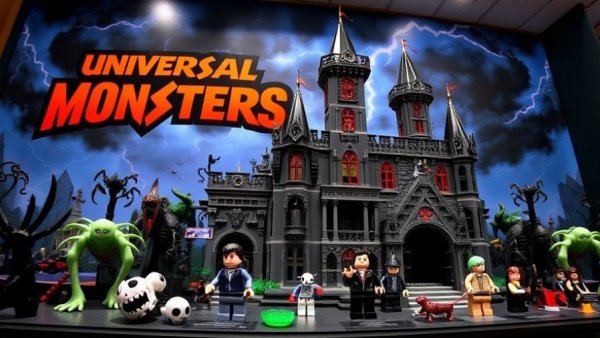 LEGO Universal Monsters set with spooky castle backdrop.