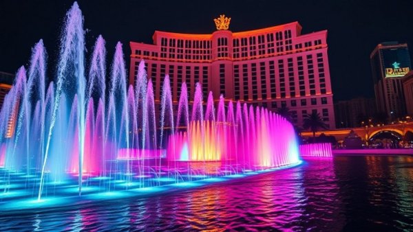 Colorful fountains at Universal Nights, Epic Universe hotel backdrop.