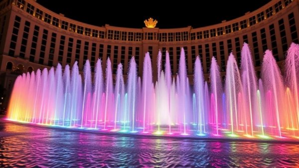 Epic Universe fountain display at night with colorful lights.