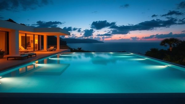 Luxury Homes Trends 2026: Modern villa with infinity pool at sunset.