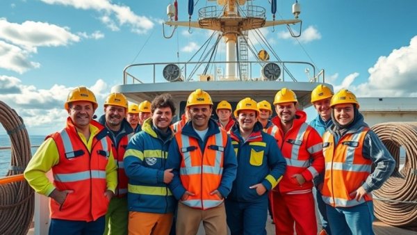 Workers on ship deck for French Guiana digital link to Europe