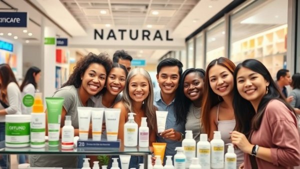 Group at mall stall displaying natural skincare products