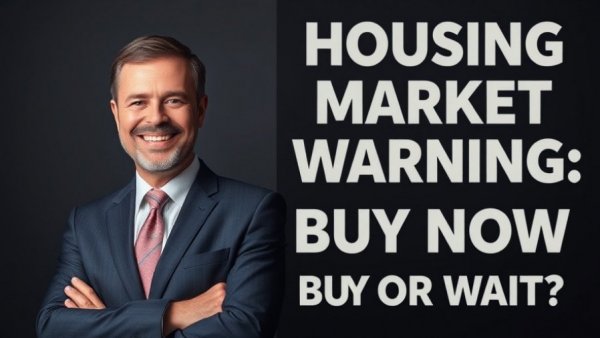 Portrait of a man with housing market warning text, mortgage rates and foreclosure warnings