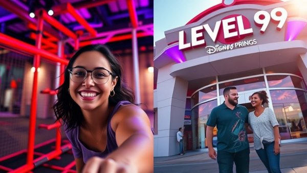 Exciting adventure at Level 99 Disney Springs, indoor and outdoor scenes.