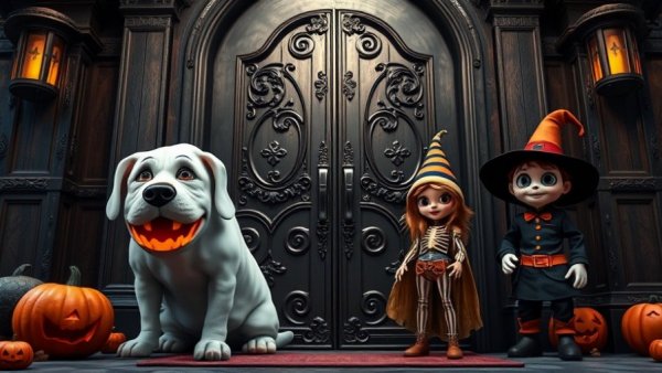 Life-sized Halloween decors including ghostly figure and cartoon characters.