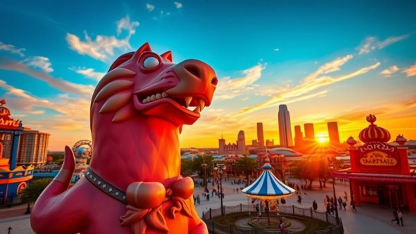 Theme park at sunset with text about permanent daylight saving time.