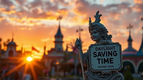 Permanent daylight saving time impact on theme parks at sunset.
