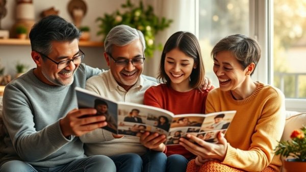 Family sharing photos, enjoying multi-generational housing preferences.