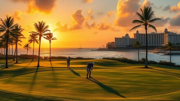 Golf course near a luxury resort in The Bahamas at sunset.