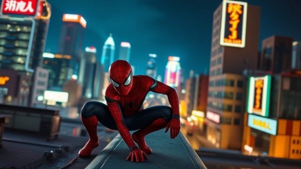 Spider-Man-Inspired Products: Spidey on rooftop with neon sign.