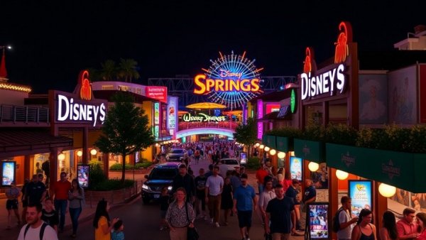 Disney Springs updates: vibrant nighttime scene with neon lights.
