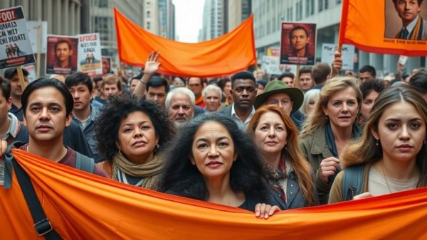 Protesters march with banner demanding Venezuela sanctions relief.