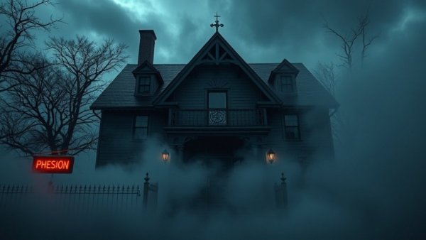 Eerie Halloween haunted house entrance with fog and red lights