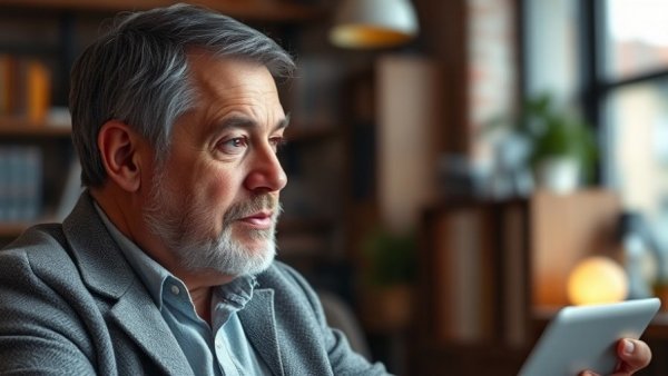 Thoughtful man discussing business strategies in a warm office setting.